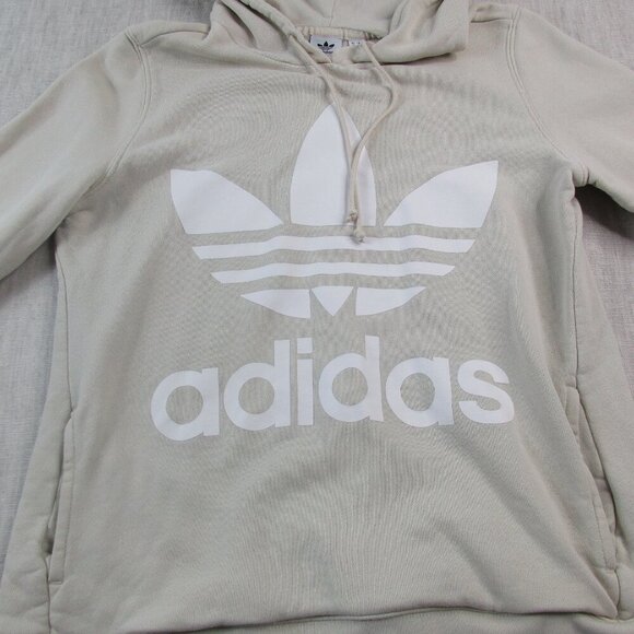 Adidas Original Sports Hoodie Women Medium Beige Big Logo Long Sleeve Drawstring - Picture 3 of 8